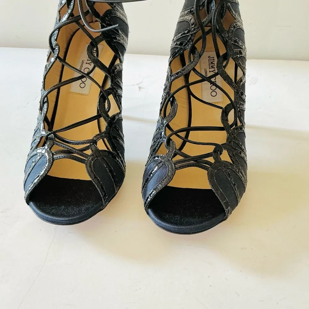 Jimmy Choo black and navy python trimmed heels 37.5